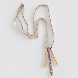 Modernistic Long Gold Tone Necklace With Amber Pavé Crystal Charm 28”- 35”